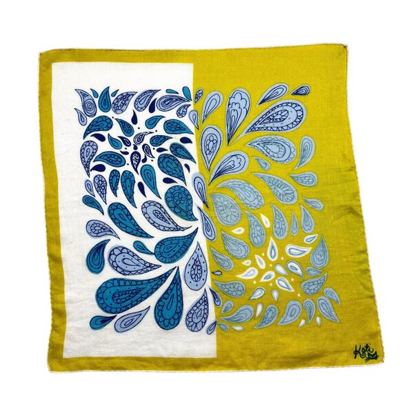 Vintage Accessories - Vintage 50s 60s Signed Kati Handkerchief Paisley Chartreuse Blue Cotton Hanky
